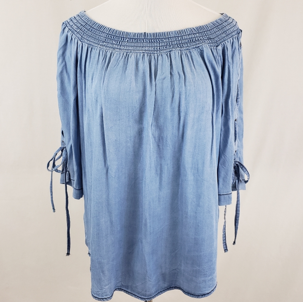 Westport Chambray Top Laced Sleeve Lyocell Peasant Blouse size Small Boho